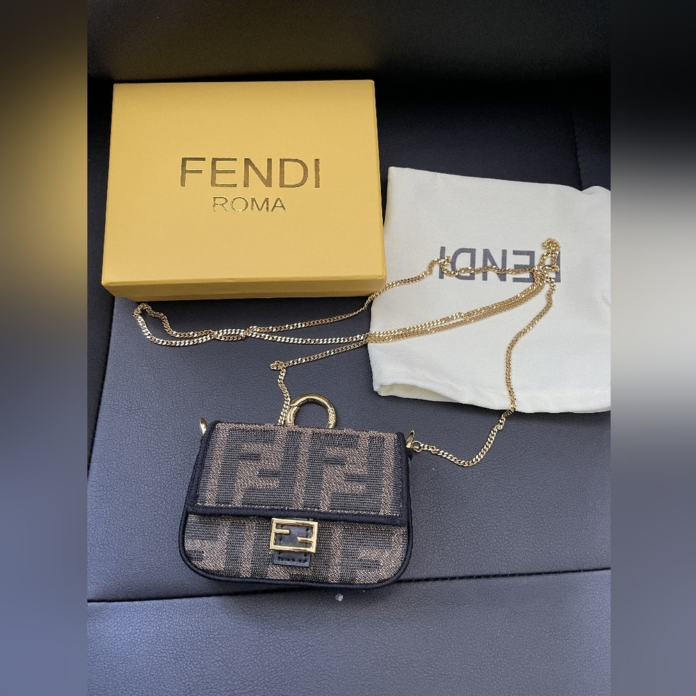 Fendi Brown FF jacquard fabric charm Nano version of the iconic Baguette bag